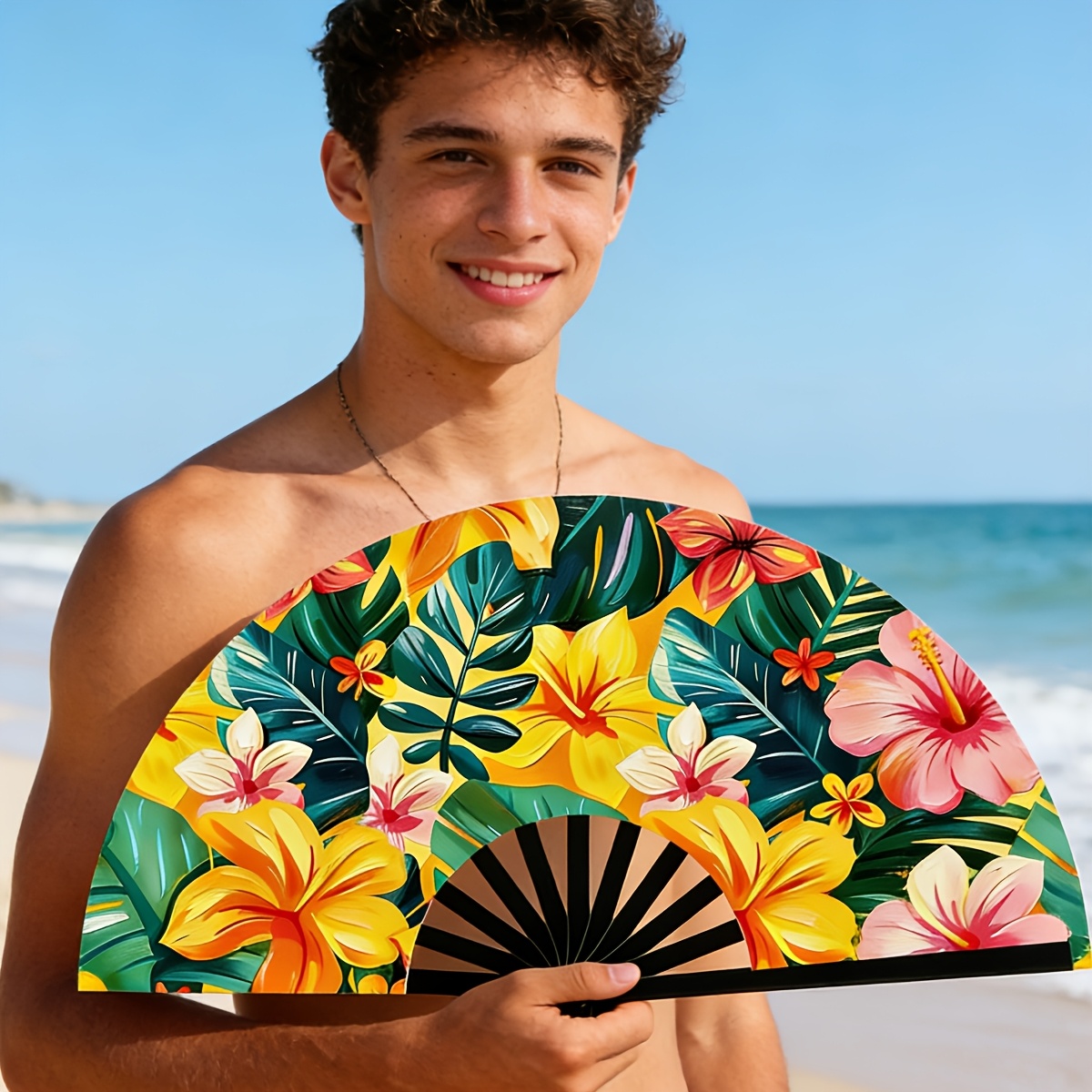 TEMU 1pc Hand Fan Plastic Fan Hawaiian Style Vibrant Colors Beach Vacation Pool Party Summer Enthusiast Essential