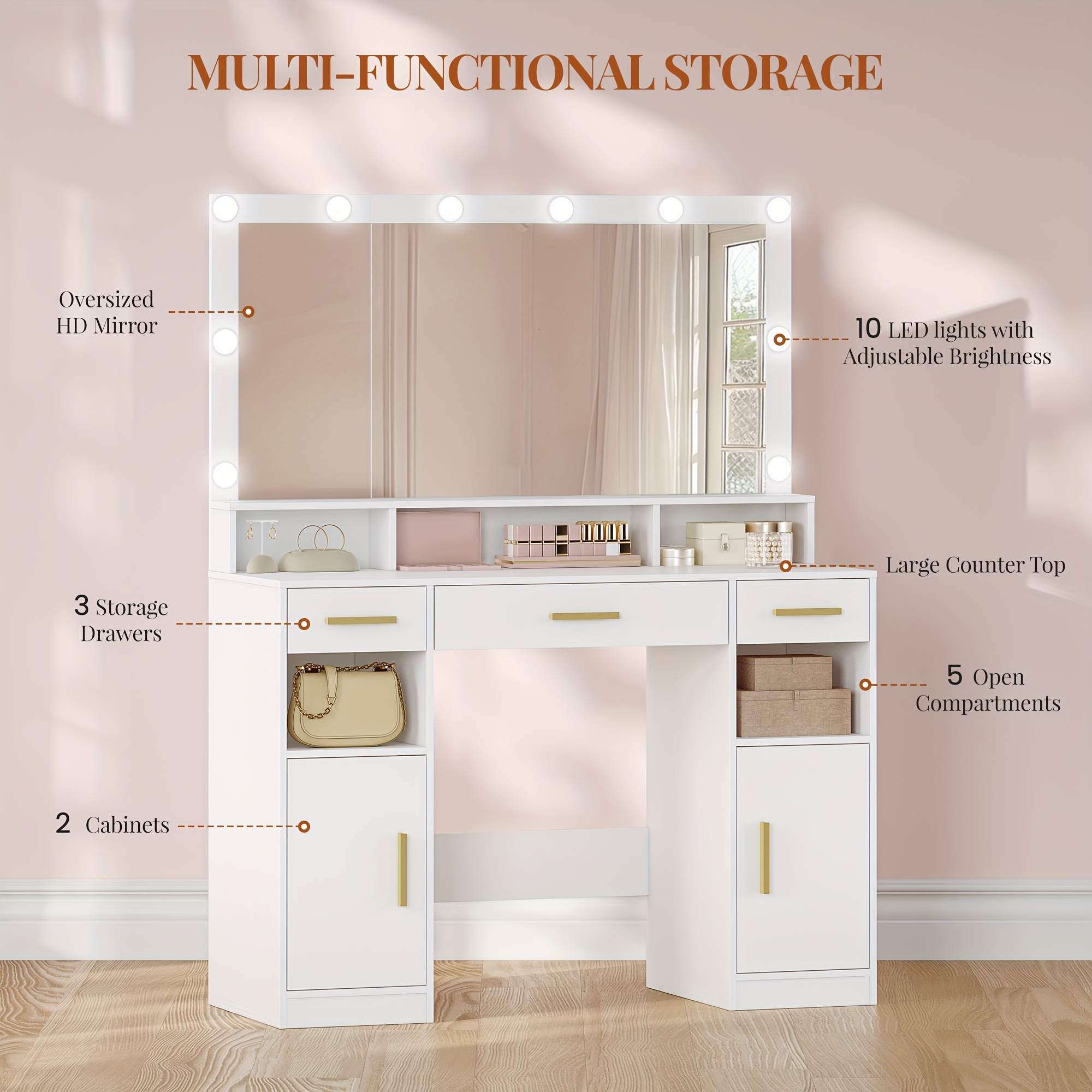 Dressing Table with Large Mirror and LED Lighting, Three Drawers