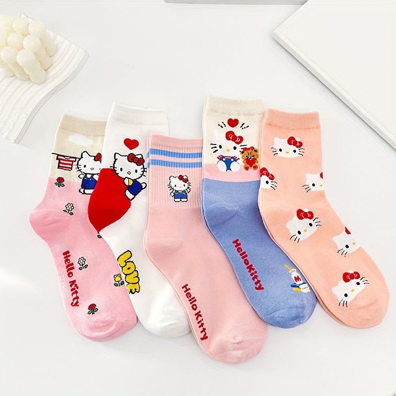 

5 Pairs Cute Hello Kitty Socks, Sweet & Cute College Style Mid Tube Socks, Women's Stockings & Hosiery