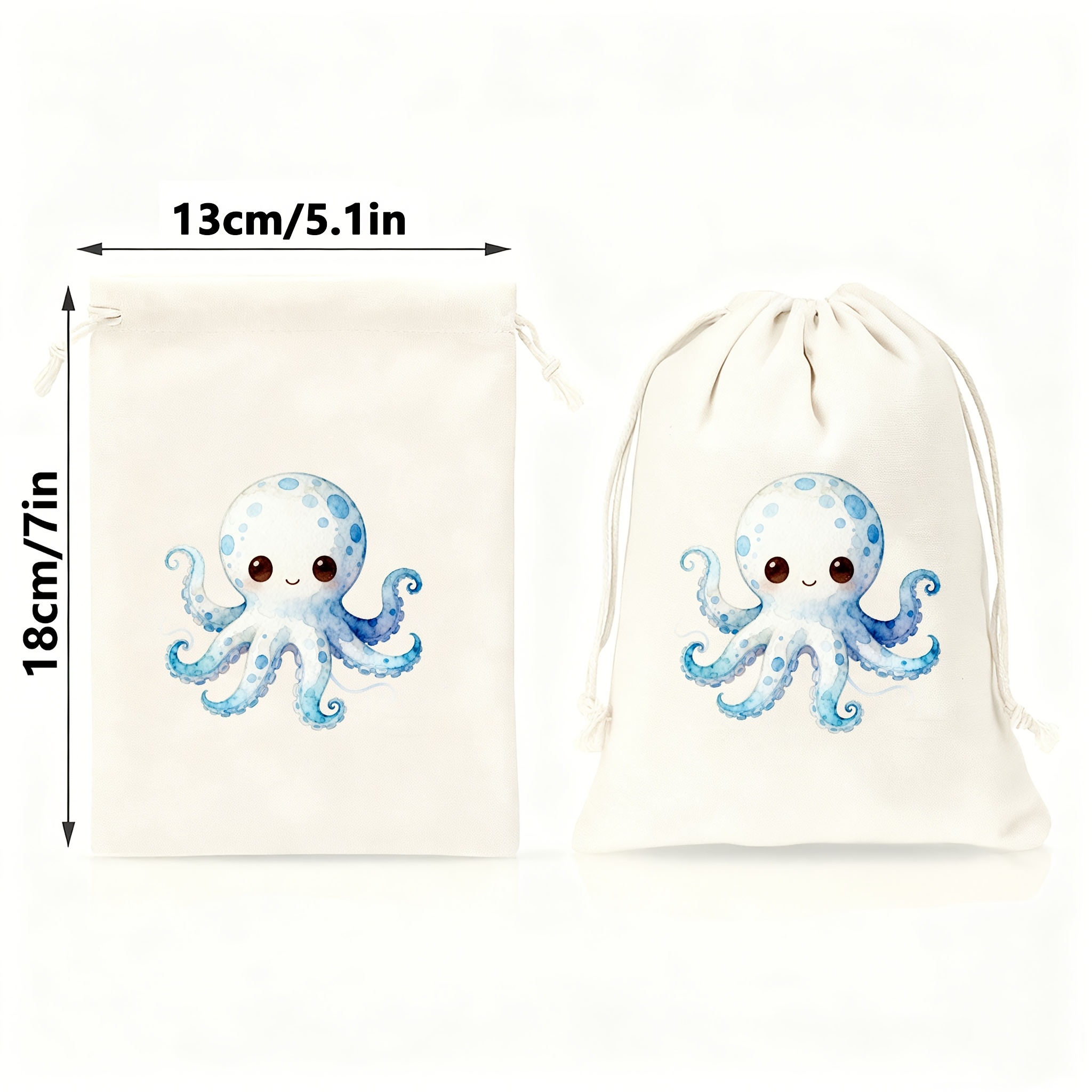 TEMU 10pcs [custom] Hand-painted Style Cartoon Octopus Canvas Drawstring Bags, Cute Gift Candy Pouches, Decorative Storage Bags, Birthday Gift