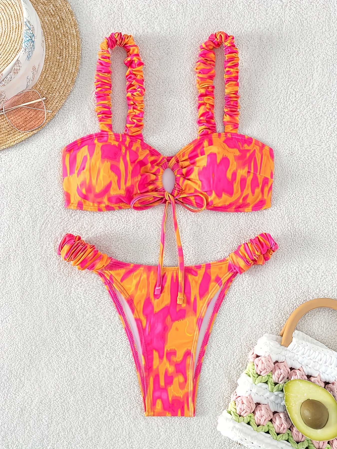 [Gathered Texture] Chic Off-Shoulder Drawstring Women's Bikini Set in Vibrant Pink & Orange Abstract Print - High-Waisted, Stretchy Polyester/Elastane Blend, Machine Washable Swimsuit with Ruffled Detail, Swimming Attire|Highwaisted Bikini|Stretchy Fabric Blend, High Waisted Bikini Set