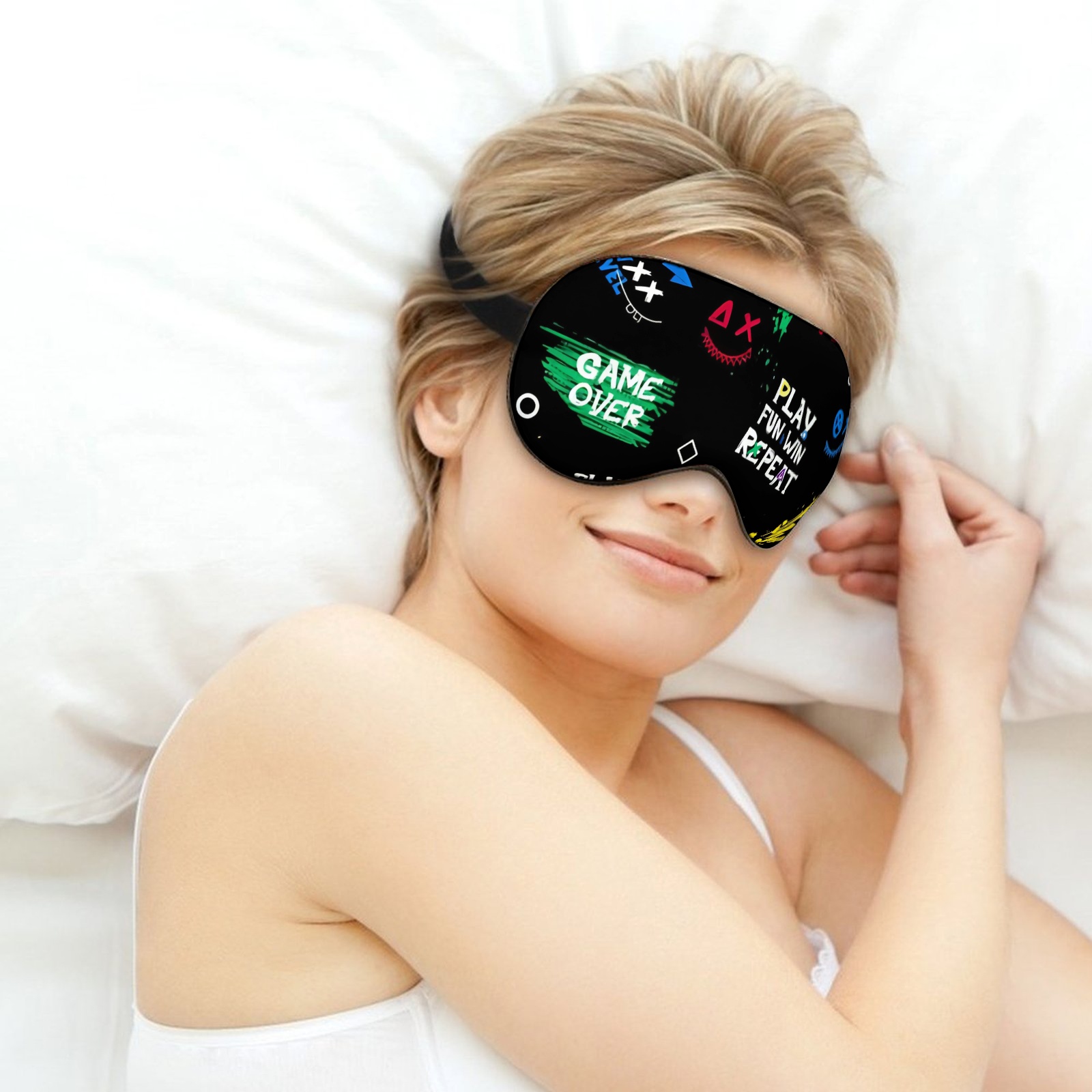 TEMU 1pc Retro Gaming Design Eye Mask With Game Over Lettering & Pixel Art - 100% Blackout Soft Sleep Mask For Travel, Work, - Lightweight & Portable