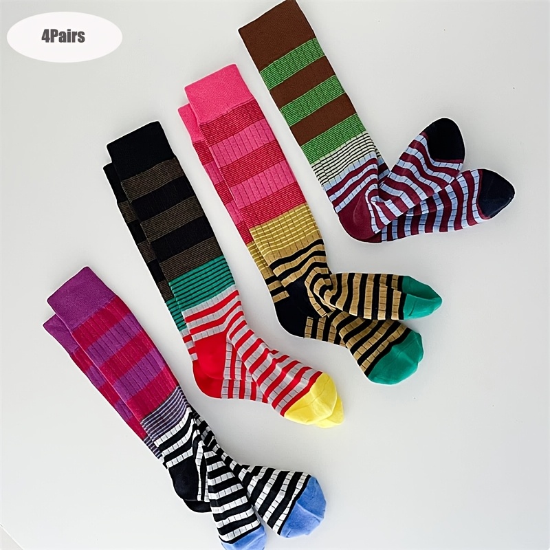 1 Pair/4 Pairs Autumn/winter Women's Gradient Stripe Contrast Retro Socks And Knee Stacking Socks
