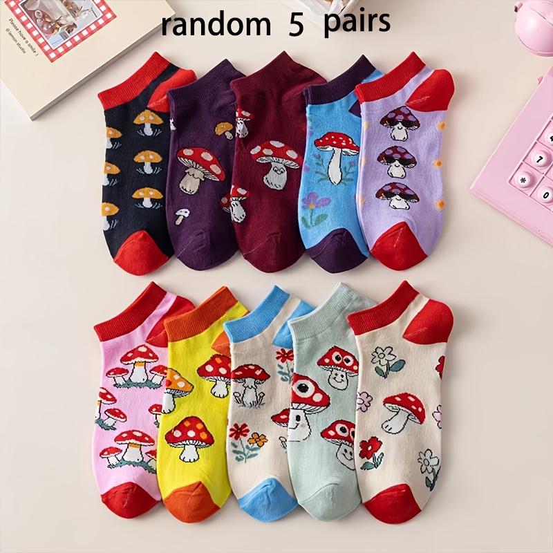 TEMU Random 5 Pairs Unisex Mushroom Pattern Fun Short Socks, Fashionable Trendy Versatile Short Socks, Comfortable For Daily Wear, Casual Easy