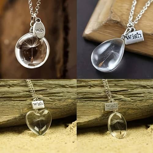 exquisite dandelion time synthetic gemstonestone transparent glass necklace wearing copper metal chain heart shaped round water drop shaped oval double sided womens pendant necklace gift