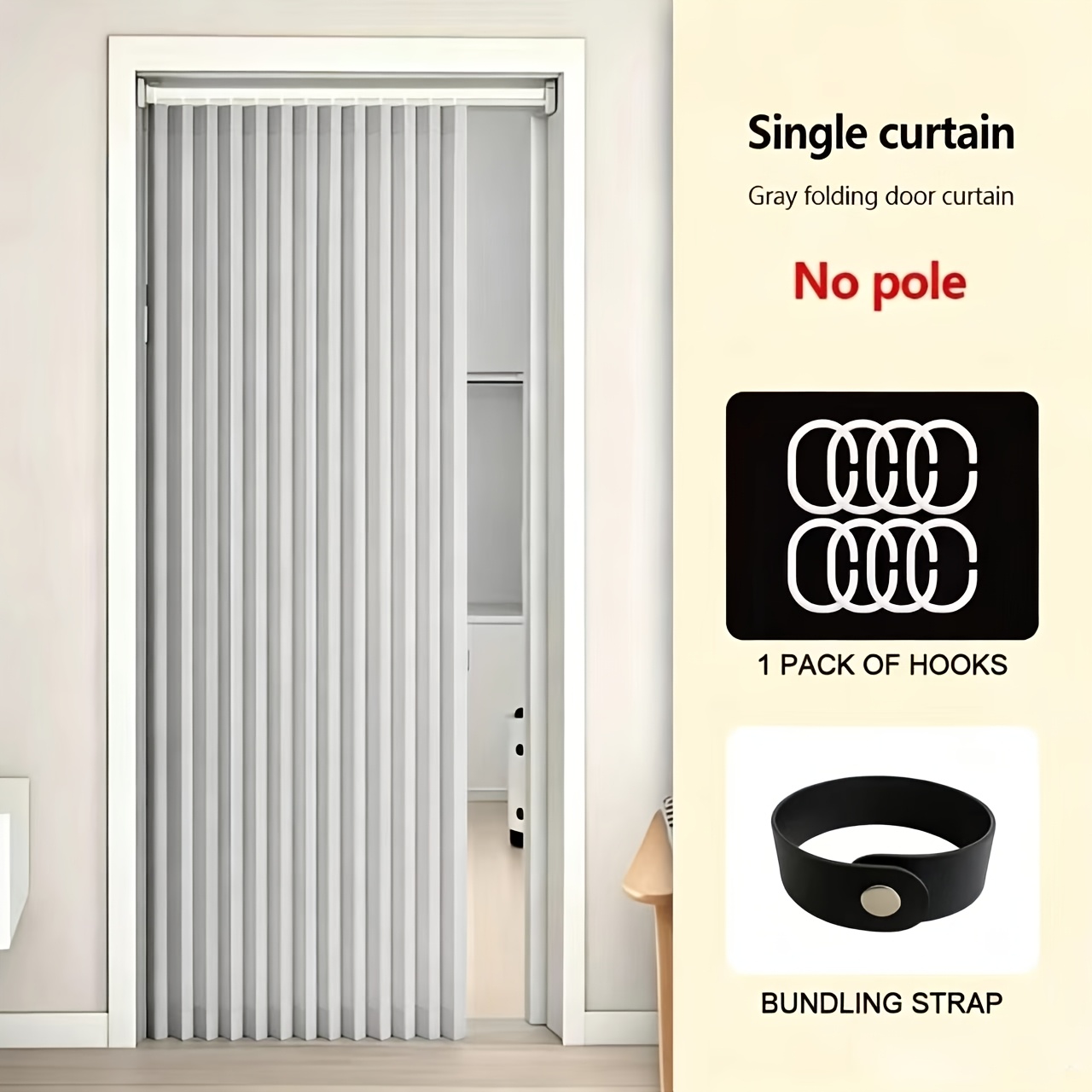 TEMU 1pc Modern Foldable Door Curtain With Plastic Hooks - Stylish Pole-, , Synthetic Fiber, Easy To Clean, Home Decor For Bedrooms & Living Rooms,