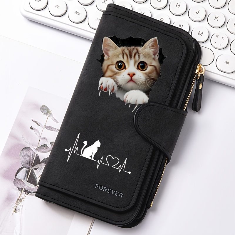 TEMU 2d Cute Cat Heart-shaped Wallet For Women, Retro Large Capacity Long Wallet, Multi-card Slot Zipper Clutch Purse, Holder Money Clip
