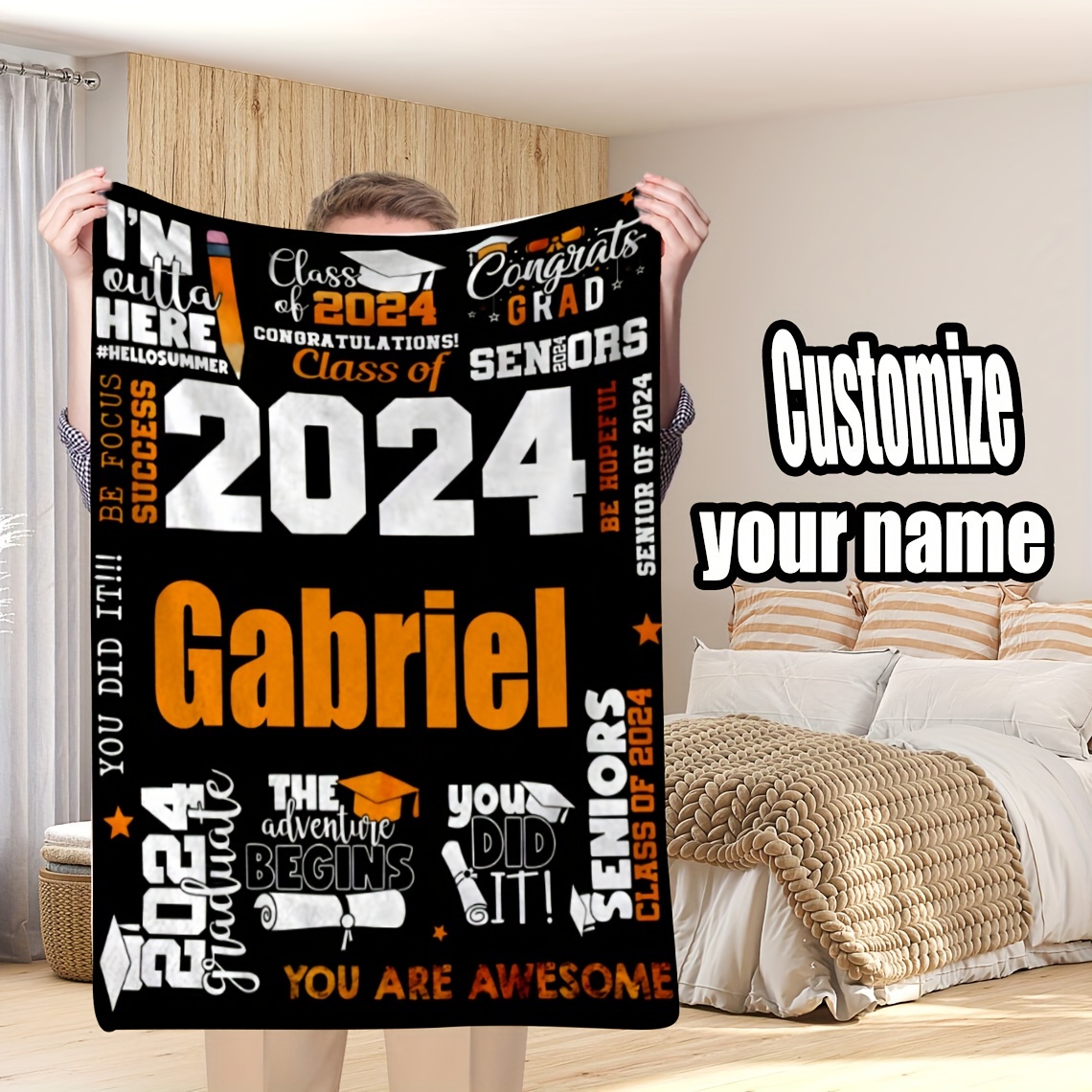 

1pc Custom Blanket Name Customized Blanket Personalized Customized Gift Blanket 2024 Graduation Gift Blanket Soft Flannel Sofa Blanket