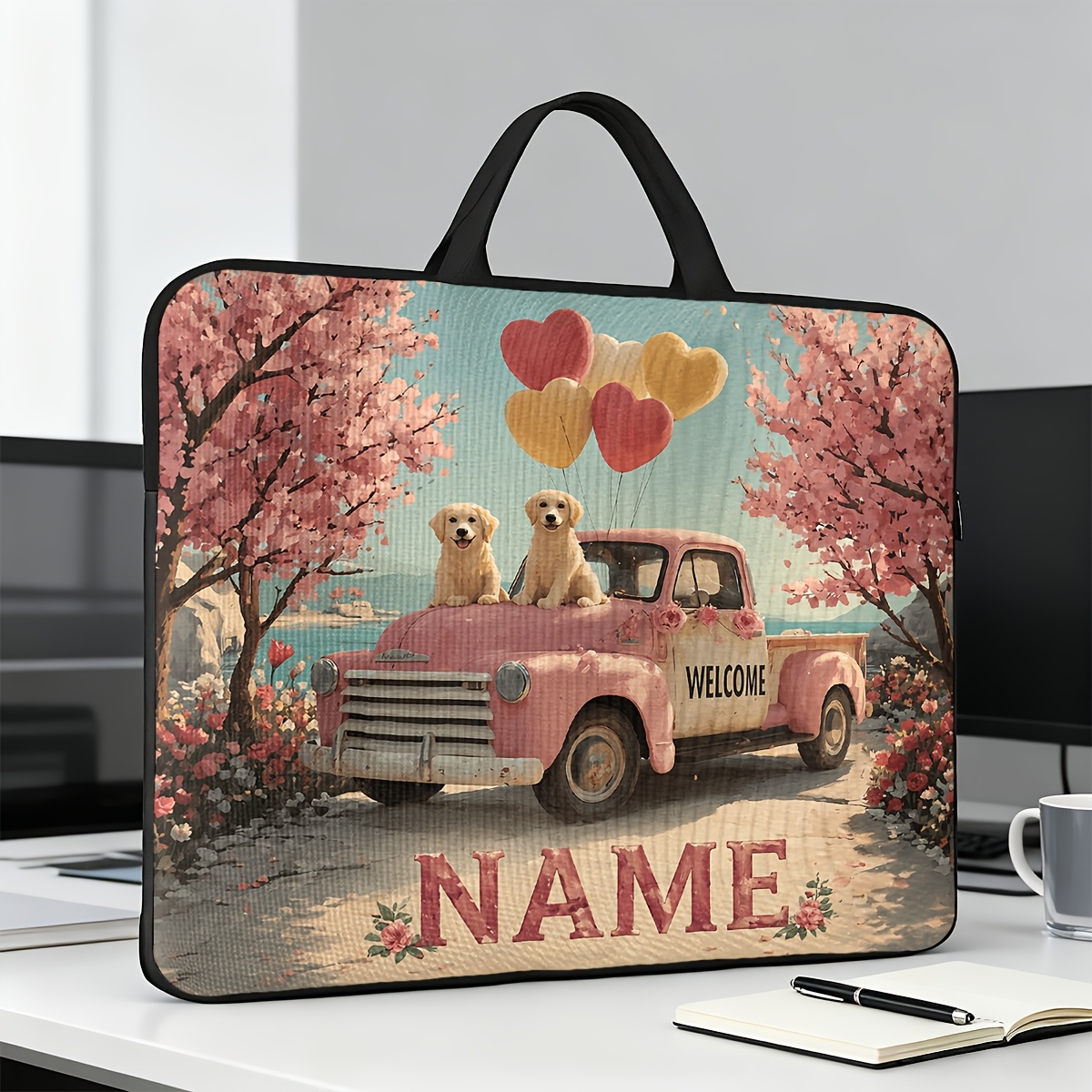 Customized Pink Truck Puppies Themed Laptop Bag with Handle