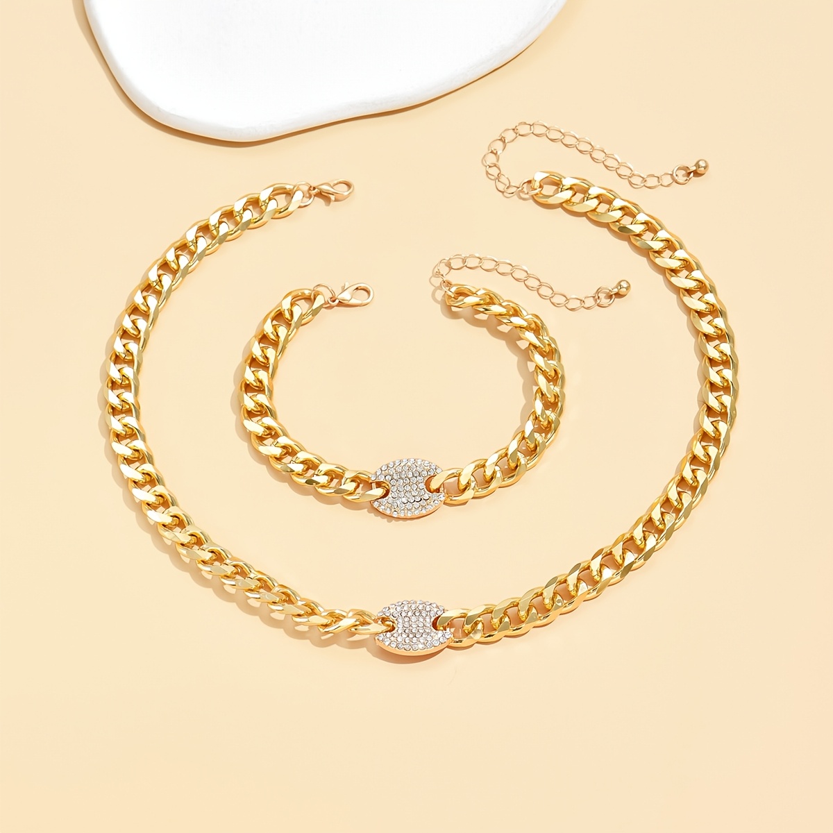TEMU Set Of 2 Decorative Necklace And Bracelet, Elegant Kc Golden With Complete Rhinestones, Light Luxury Women's Jewelry Collection, Ideal Christmas