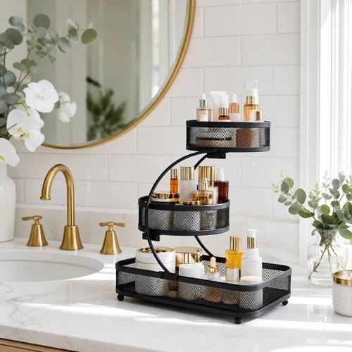 3 tier metal bathroom storage rack a spray bottle hooks space saving countertop organizer for cosmetics skincare and toiletries rust resistant diamond mesh design sturdy and durable suitable for vanities bathrooms wardrobes