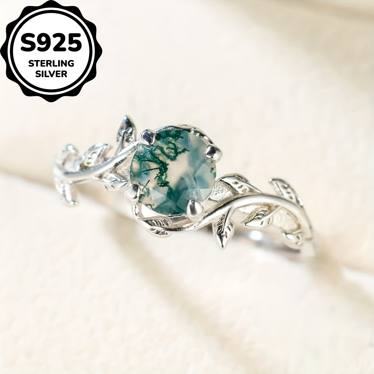 Pure Silvery S925 Retro Round Agate Edge Leaf Ring