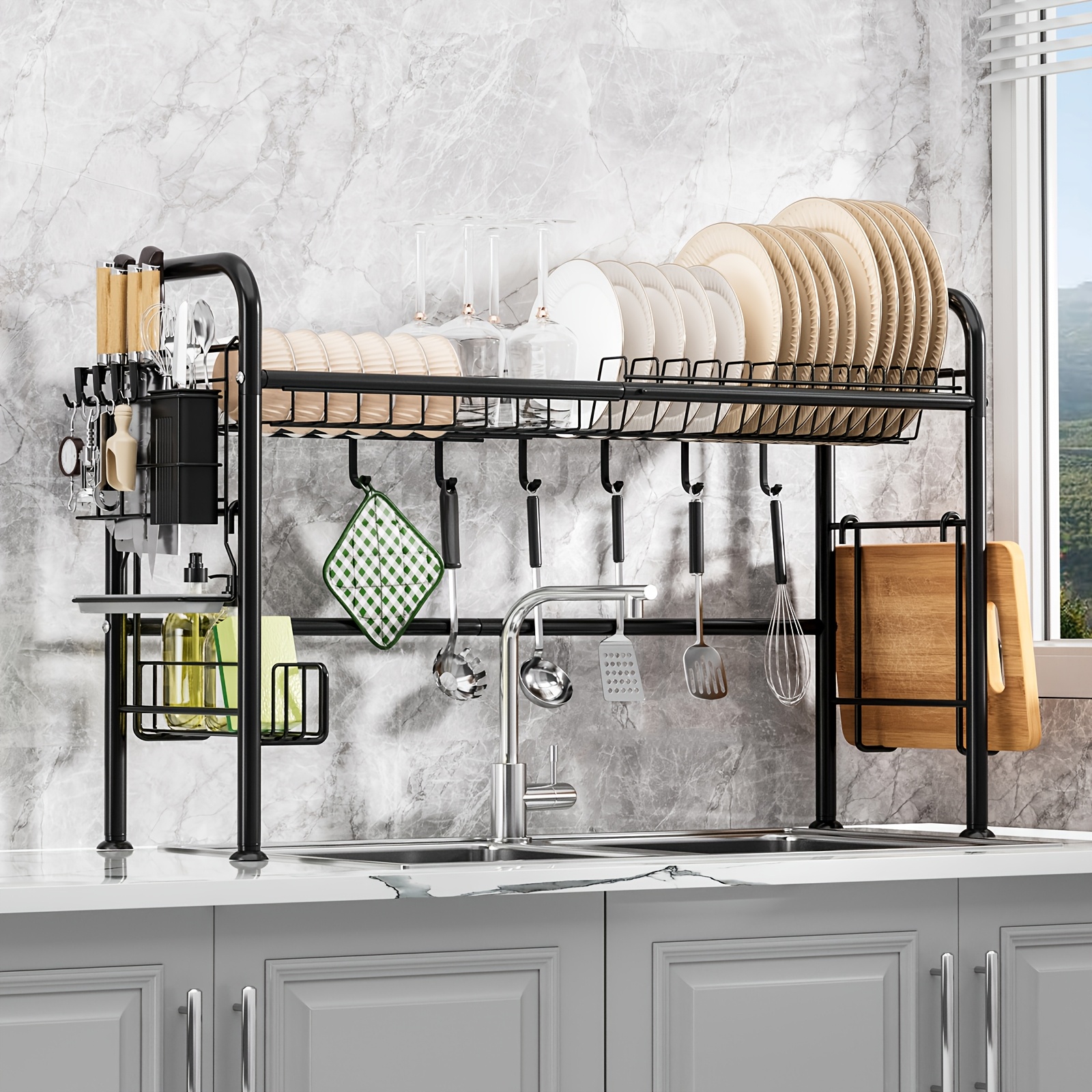 Dish Drying Rack Designed To Be Over The Sink, Featuring A Utensil And Knife Holder, Hooks, And Serving As A Kitchen Organizer And Storage Solution