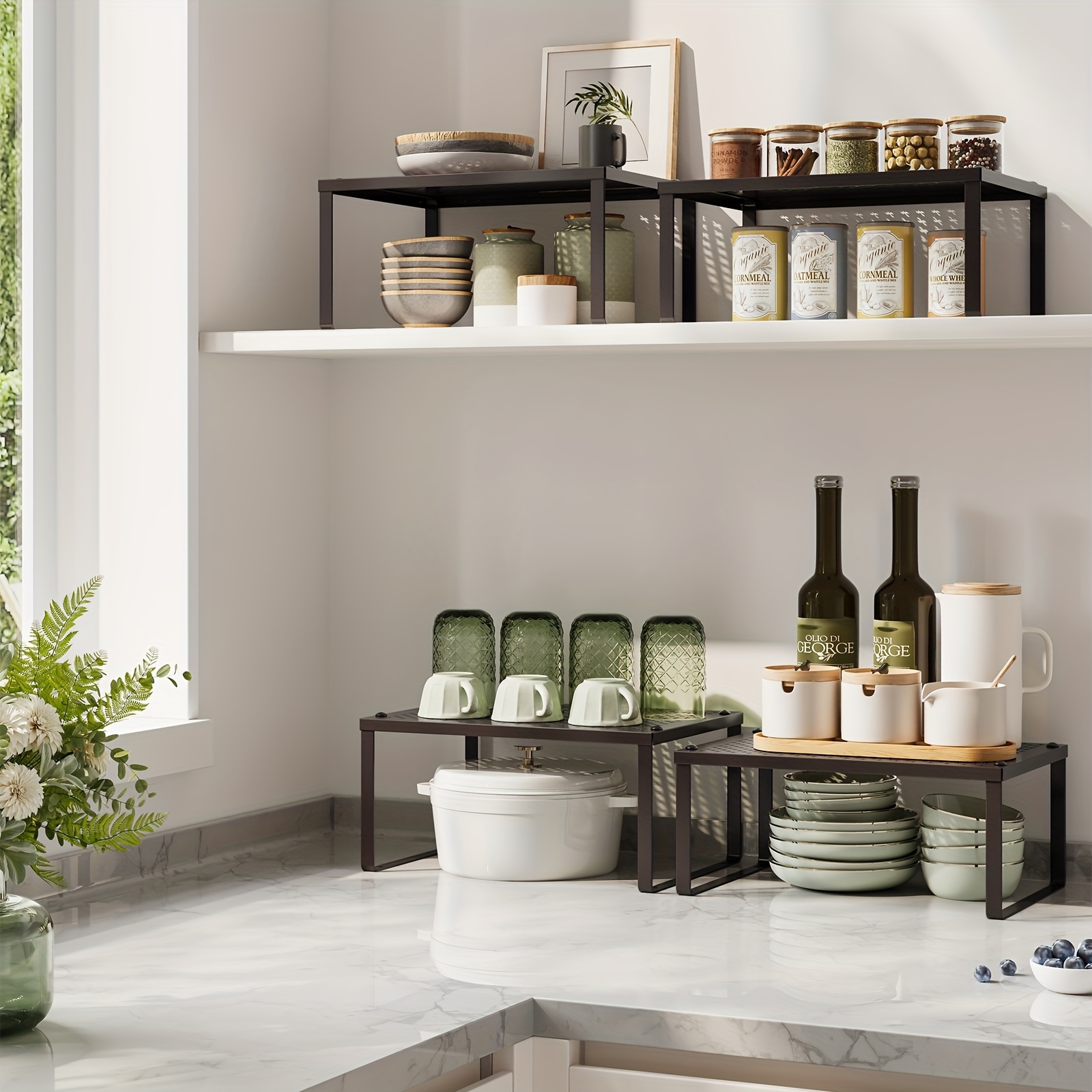 TEMU Cabinet Shelf Organizers, Shelf Riser, Spice Racks, Stackable, Expandable, Set Of 2 Metal Kitchen Counter Shelves
