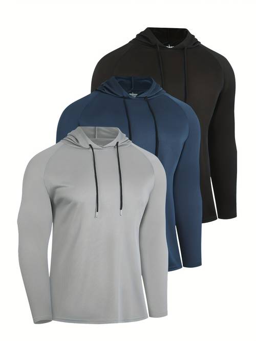 3 pack mens hooded sweatshirts quick dry breathable polyester knit fabric solid color long sleeve hoodies for hiking fishing running workout basketball regular fit 130g m spring summer autumn sport style sweat resistant