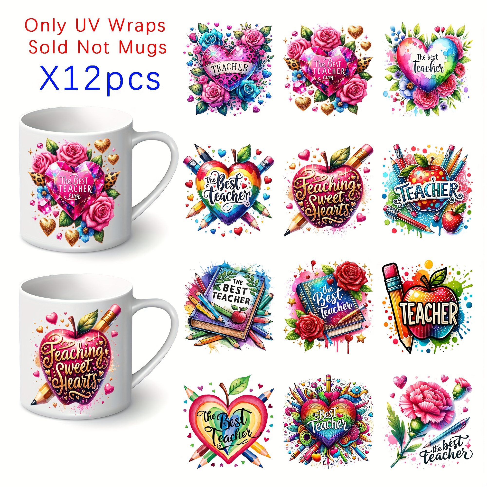 

12pcs Best Teacher Themed Mug Stickers Set - Uv Dtf, High & Waterproof Decals For Diy Customization