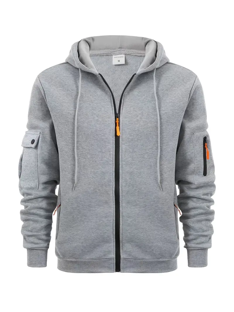 2024 new cross border autumn winter mens hoodie hoodie zipper arm pocket cardigan mens sports casual coat light grey 0