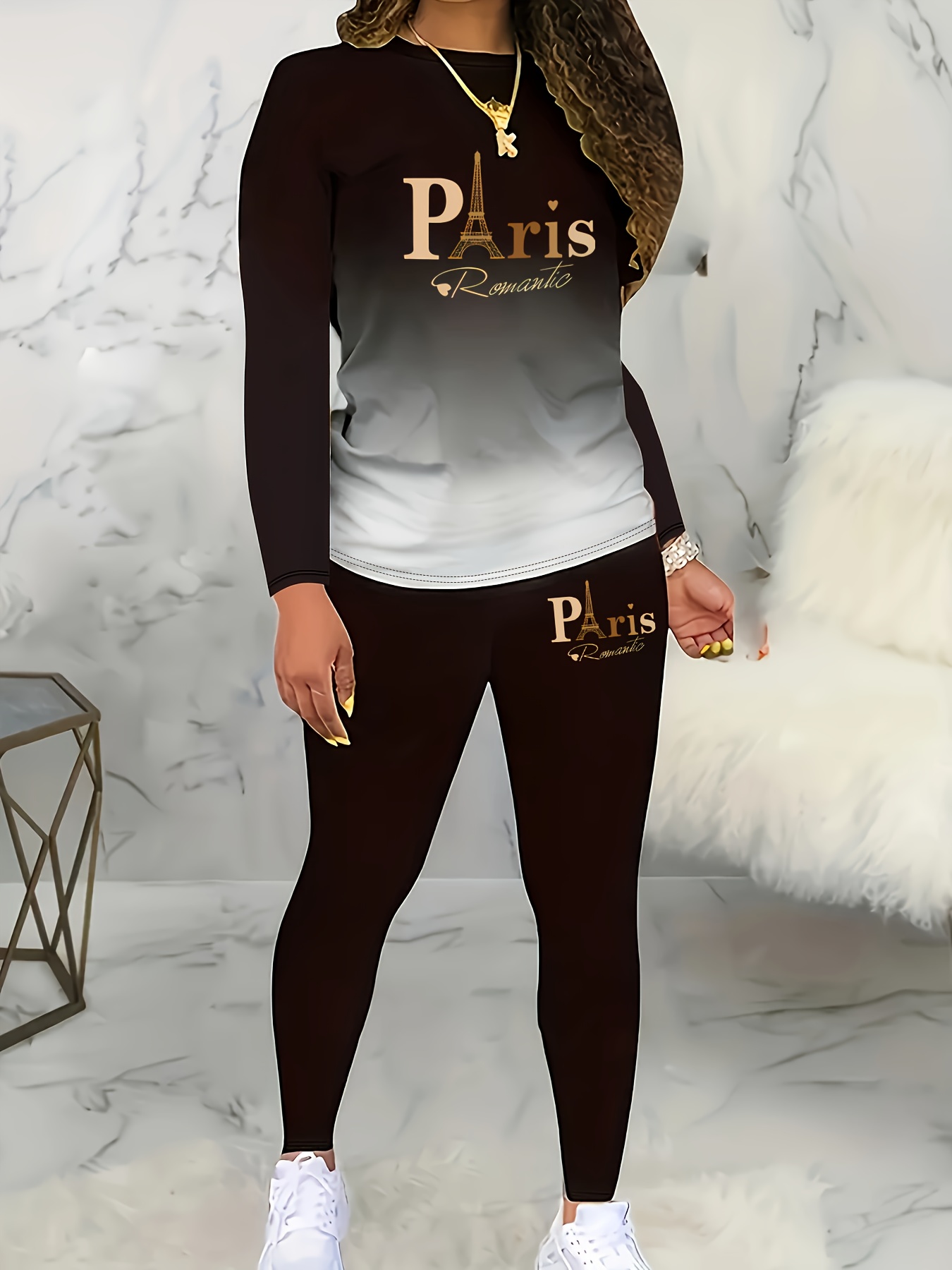 Gradient Paris Letter Print Casual Autumn And Winter Long Sleeve Round Neck Women'S Pants Two-Piece Set