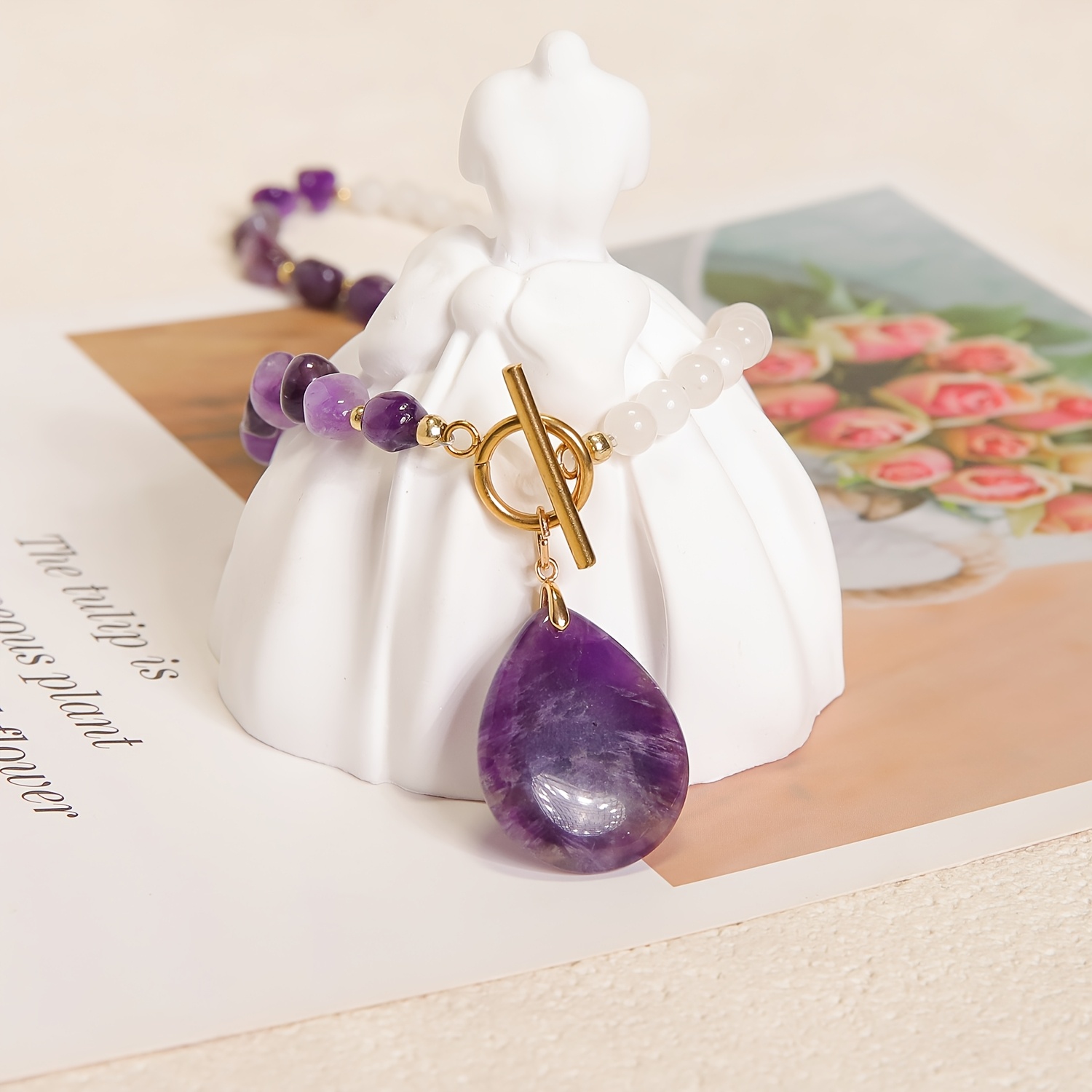 Women's Bohemian Two-Tone Natural Stone Necklace with Amethyst Pendant