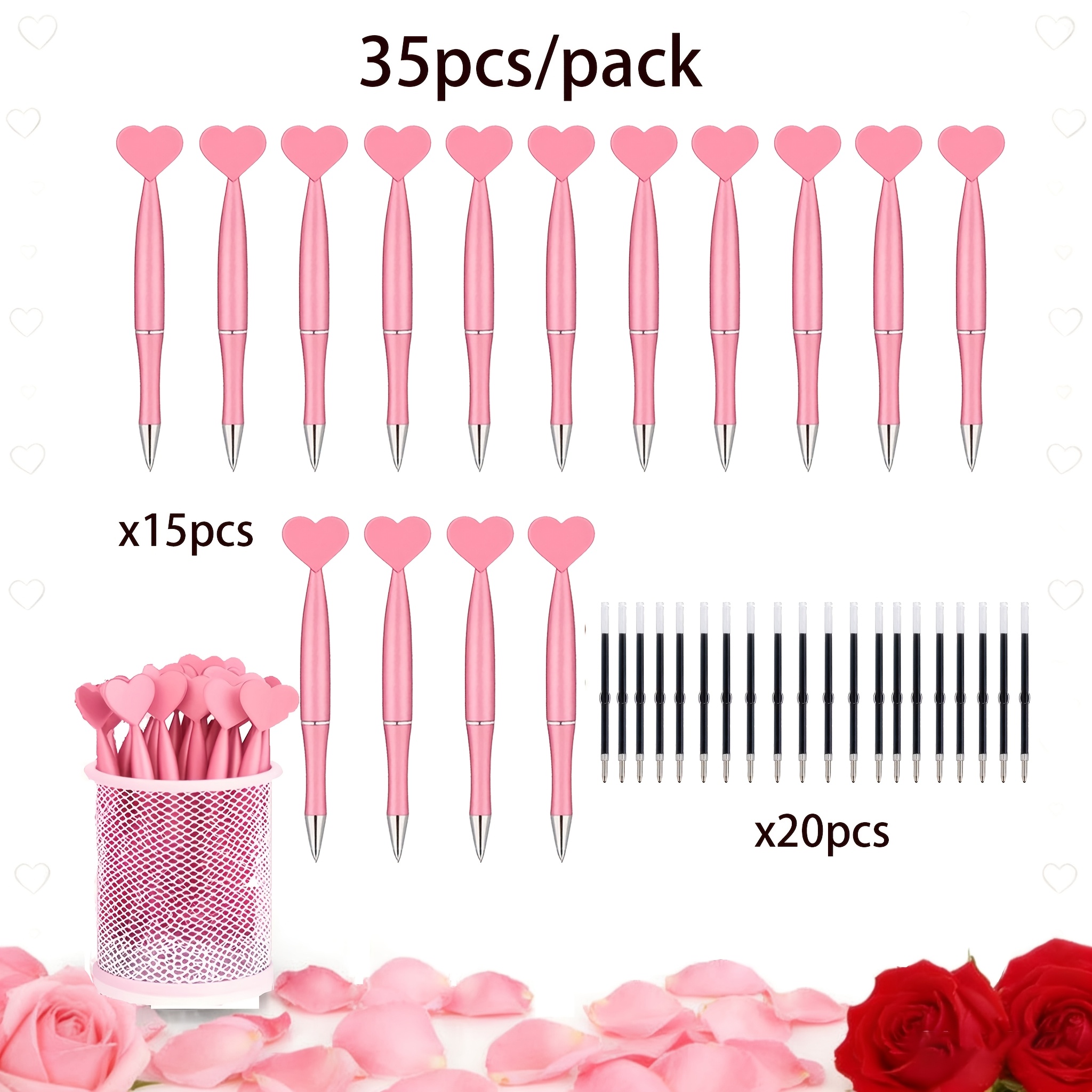 Image of 35 Piece Set, Pink Heart-shaped Rotating Button Ballpoint Pen, Suitable For Love And , Mother's Day Gift, Study And Office Supplies, School Supplies, (15 Heart-shaped Pens+20 Pen Cores)