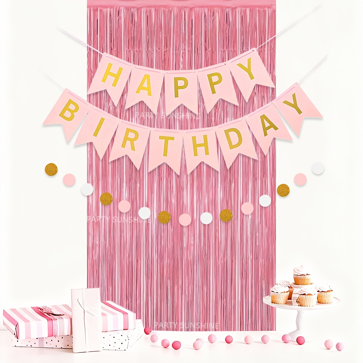 Image of Pink Happy Birthday Party Decorations, Happy Birthday Banner, Backdrop Hanging Swirls Party Decor For Women Princess, Birthday Party Supplies