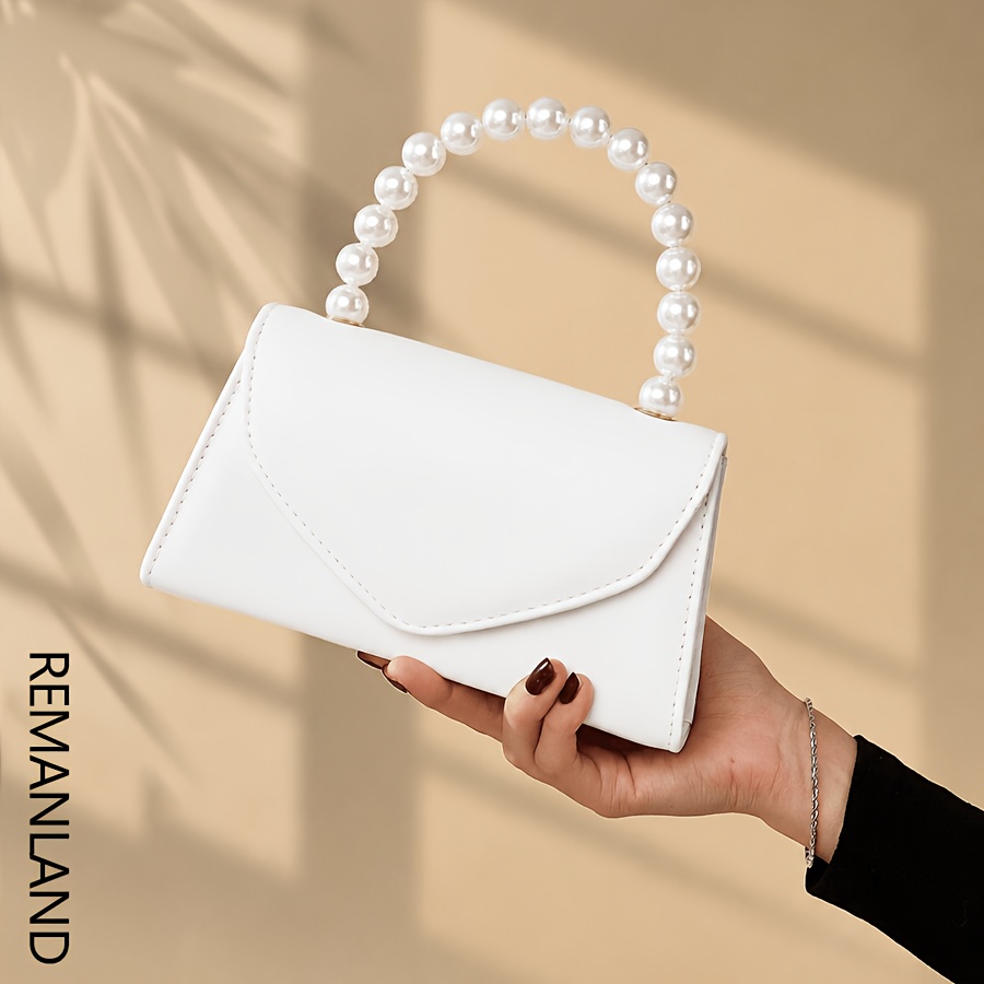 TEMU Elegant Pearl Handle Evening Bag Clutch For Women, White Luxury Handbag, Shoulder And Crossbody Bag With Detachable Pearl Beaded Handle Chain,