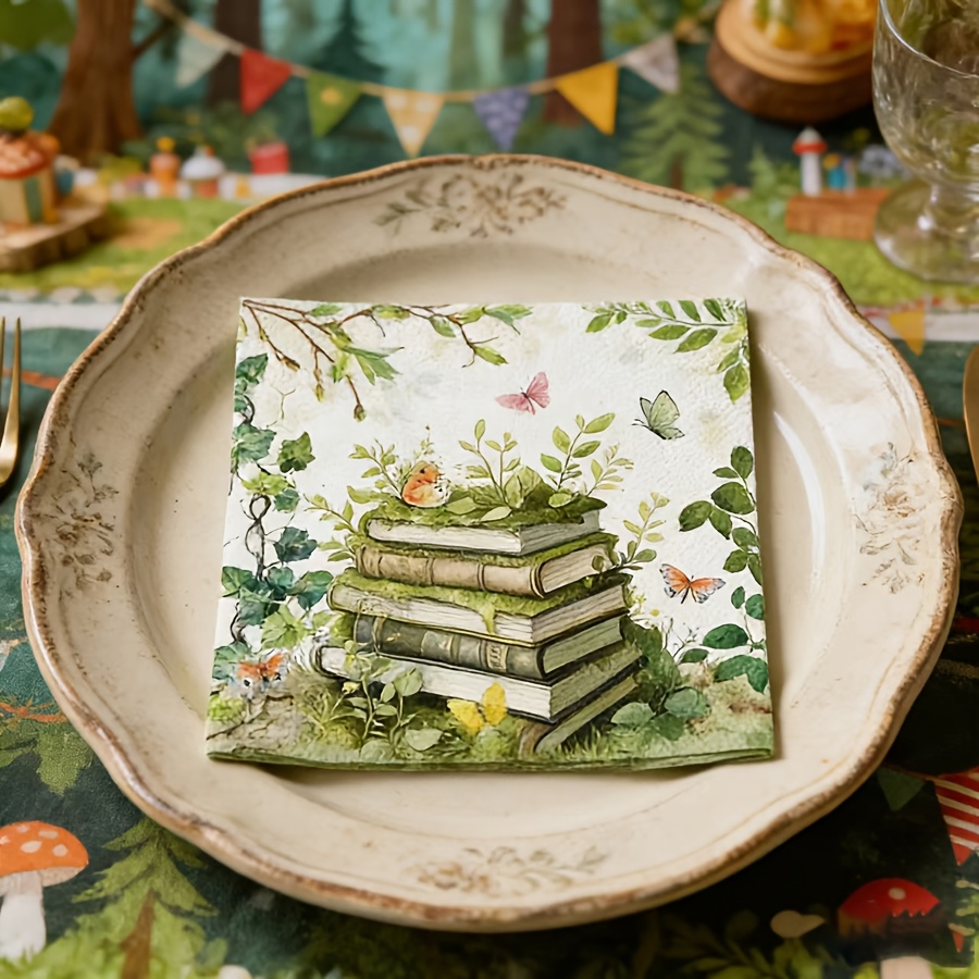 TEMU 10pcs Of Forest-themed Napkins, Featuring Elements Of Books, Ivy, Butterflies, And Birds. Suitable -themed Birthday Parties, Garden Parties,