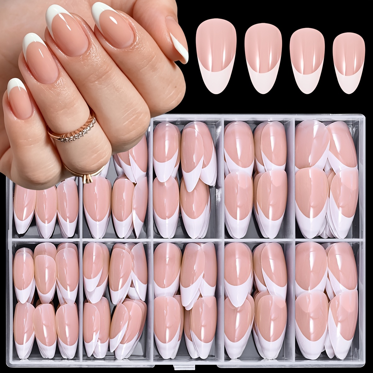 Image of 240pcs Almond French Tip Press On Nails, Nude Pink Base With Classic White French Edges, Full Cover False Nail Tips, Natural Elegant Fake Nails For Daily Wear