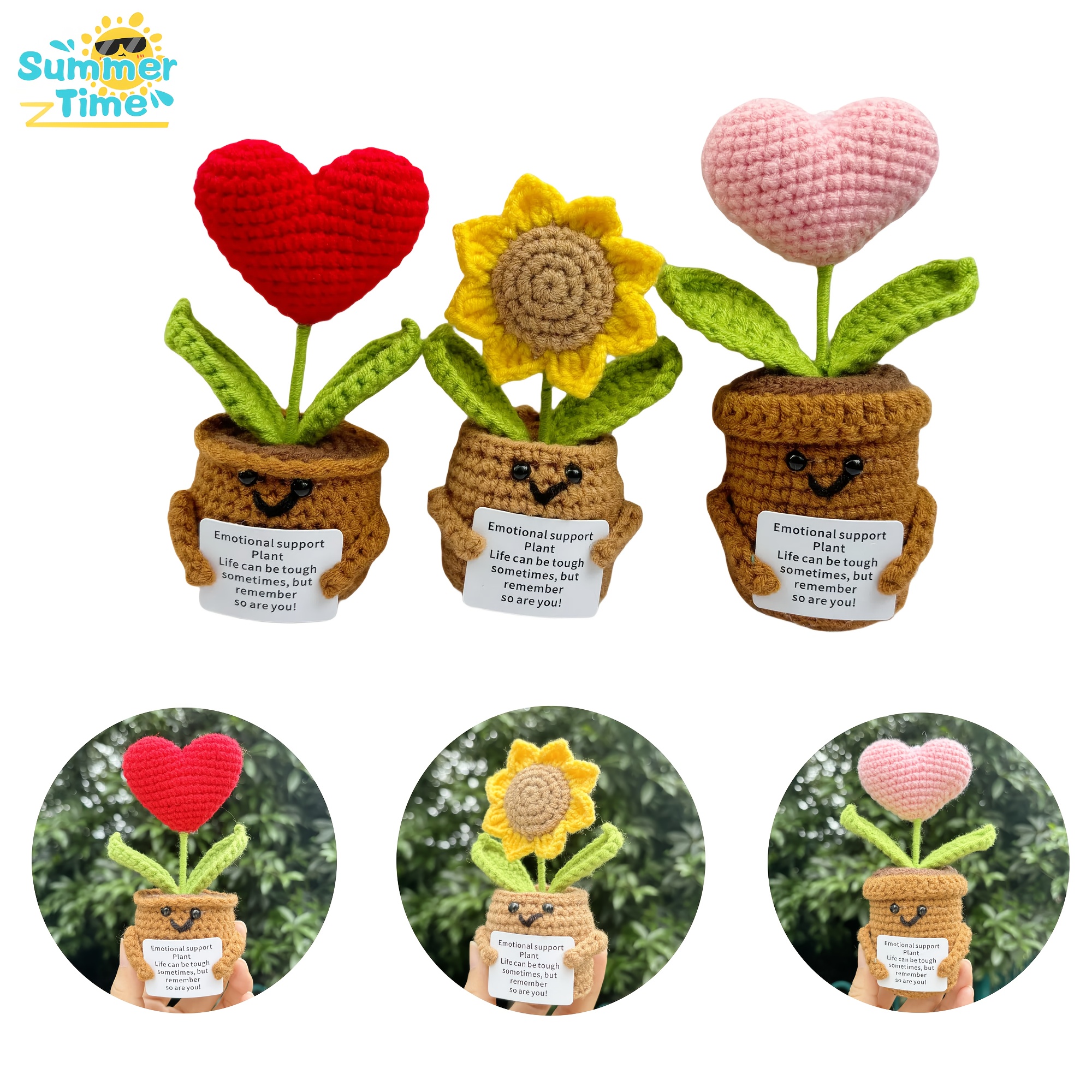 

Handcrafted Crochet Heart & Sunflower Plants - Inspirational "be Tough" Cards Included, Perfect For Couples, Friends, And Teachers - Ideal For Home, Office, Or Car Decor
