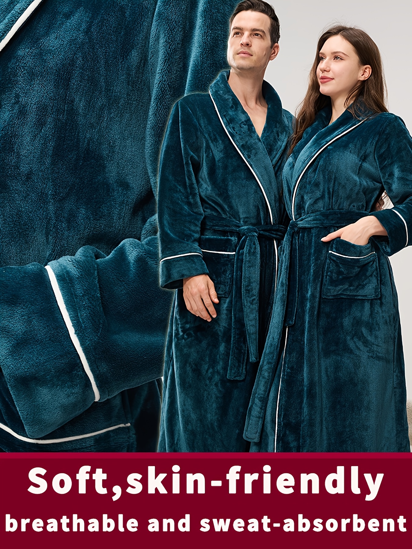 unisex bathrobe 1pc long soft   hotel robe   machine washable polyester towel theme autumn and winter flannel long thick sleepwear mens simple fleece bathrobe with double side pockets thickened warm pajamas   multi color options solid color   green   navy blue dark green 0