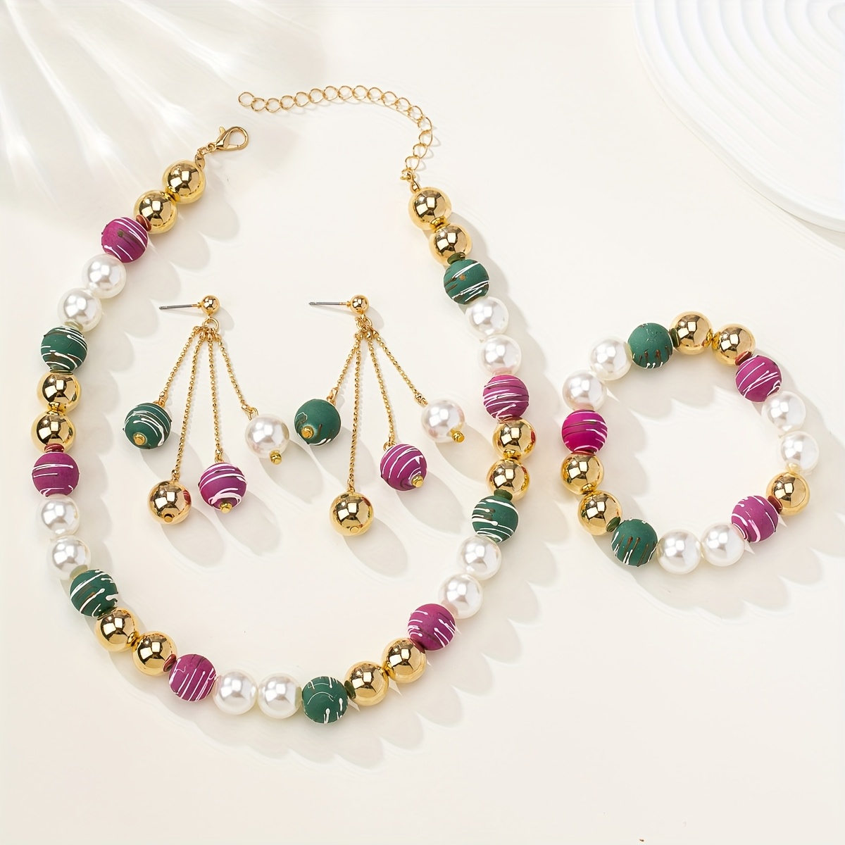 TEMU 4 pièces Ensemble Vintage Élégant Style avec Boucles d'Oreilles, Bracelet et Collier à Perles Colorées