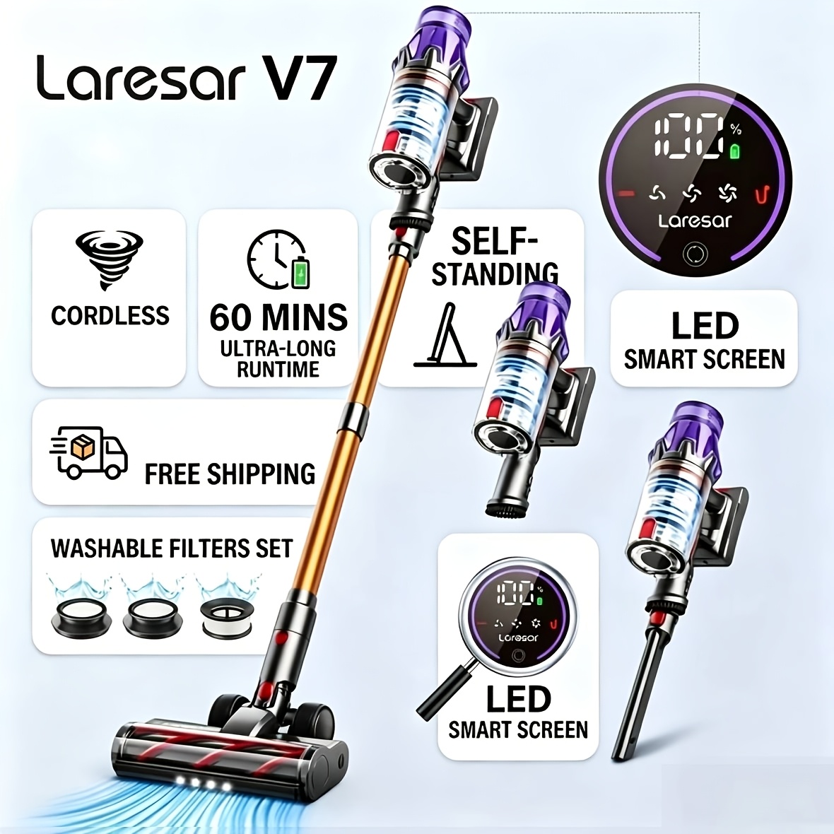 TEMU Laresar V7 Vacuum Cleaner Powerful Cordless Vacuum Cleaner, , Led Display, 60-minute , Anti-tangling Brushless Lightweight Vacuum Cleaner,