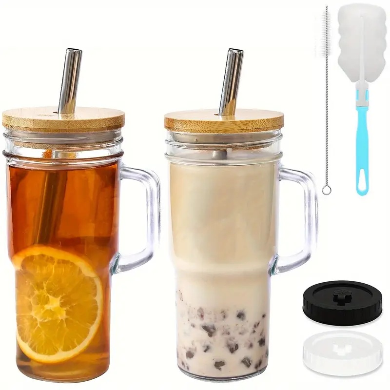   2 4pcs lidded mason jar cups with straws 24oz   bamboo lids and silicone seal   travel and on the go drinking   with straw cleaning brush Product details 1