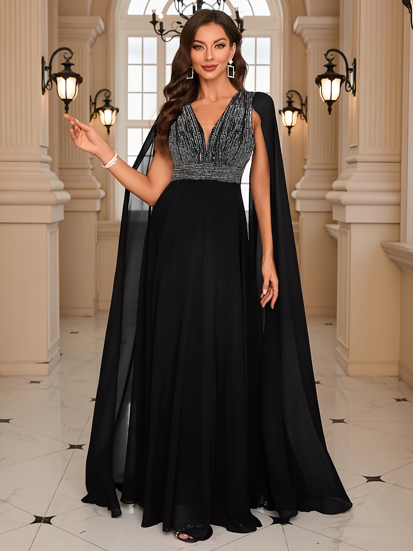 Chic V-Neck Sequin Ruffle Sleeve Evening Party Dress