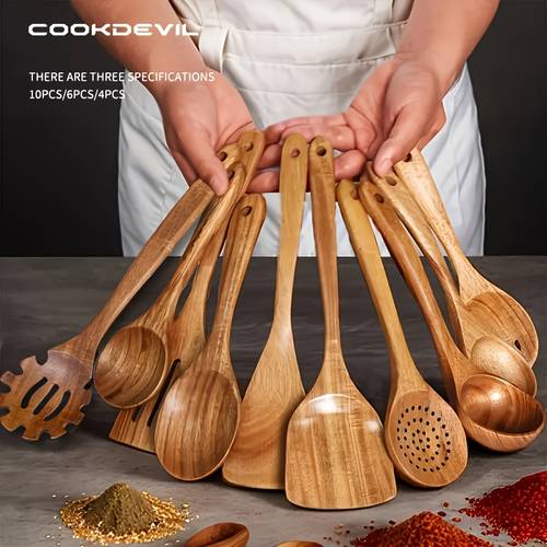 10 6 4pcs natural teak cooking utensil ergonomic handles non surface gift durable and easy to clean natural teak grain suitable for daily and special use kitchenware heat resistant utensils