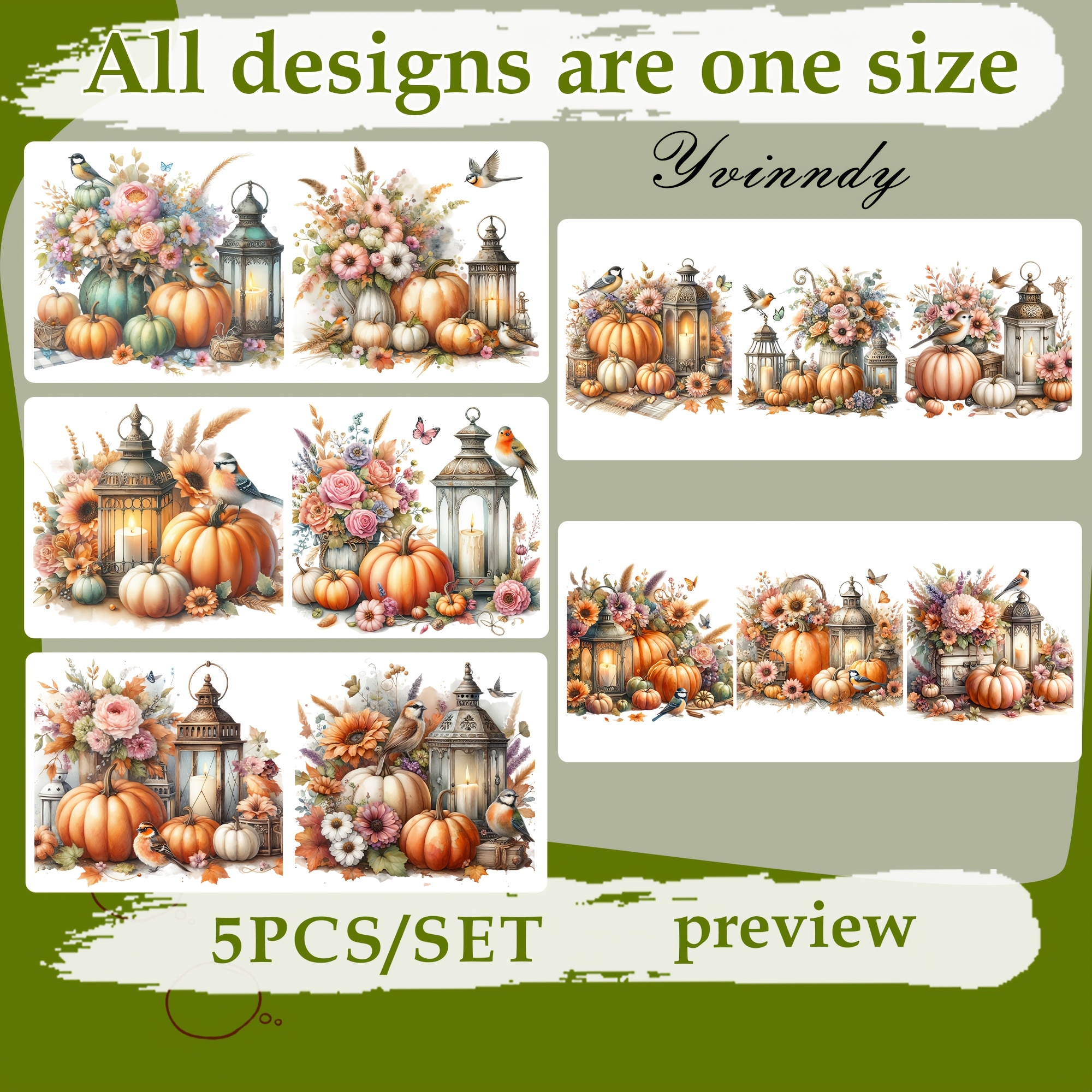 TEMU 5pcs/set Fall Pumpkin Lantern Bird Dtf Transfer Waterproof And Scratch Resistant Transfer Suitable For 16oz Cups Bottles Computer & Home