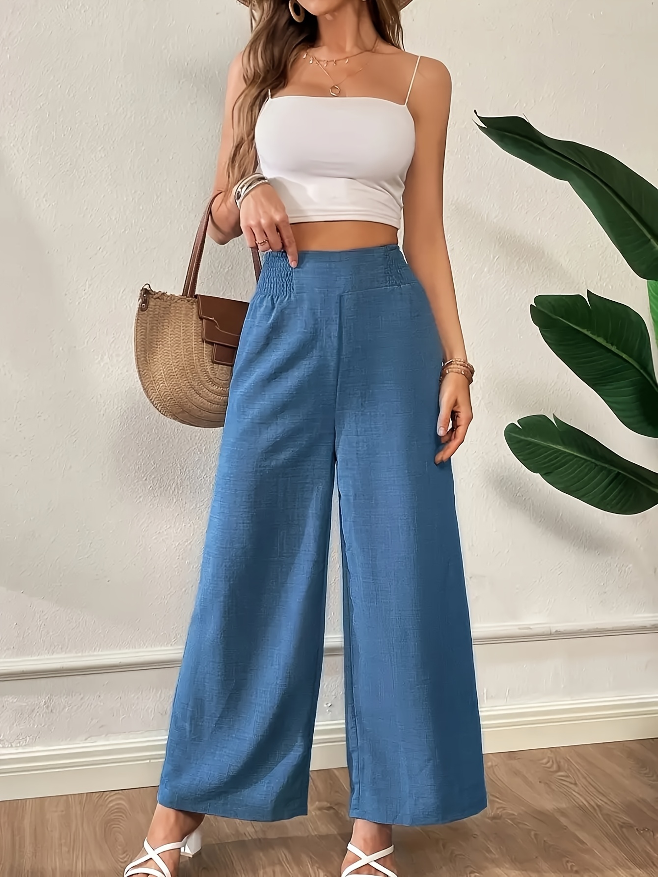 pantalon large coupe   bleu - polyester, couleur  , ceinture plissée, idéal pour printemps été automne, mode adulte, tenue décontractée | texture Détails du produit 1