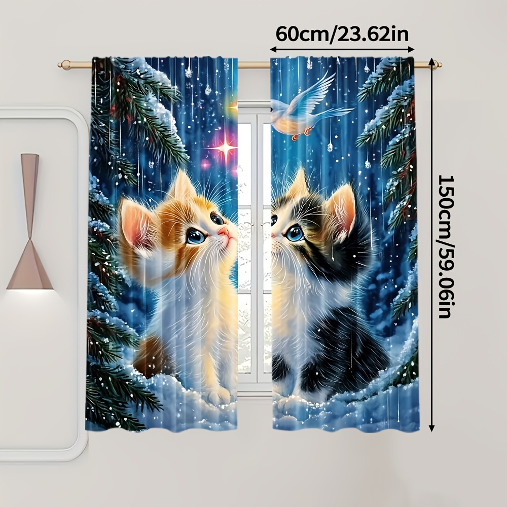TEMU 2pcs, Popular Curtain Set Cat & Star Versatile Fabric Decorations Bedroom Office Room Study Home Decor (without Rod)