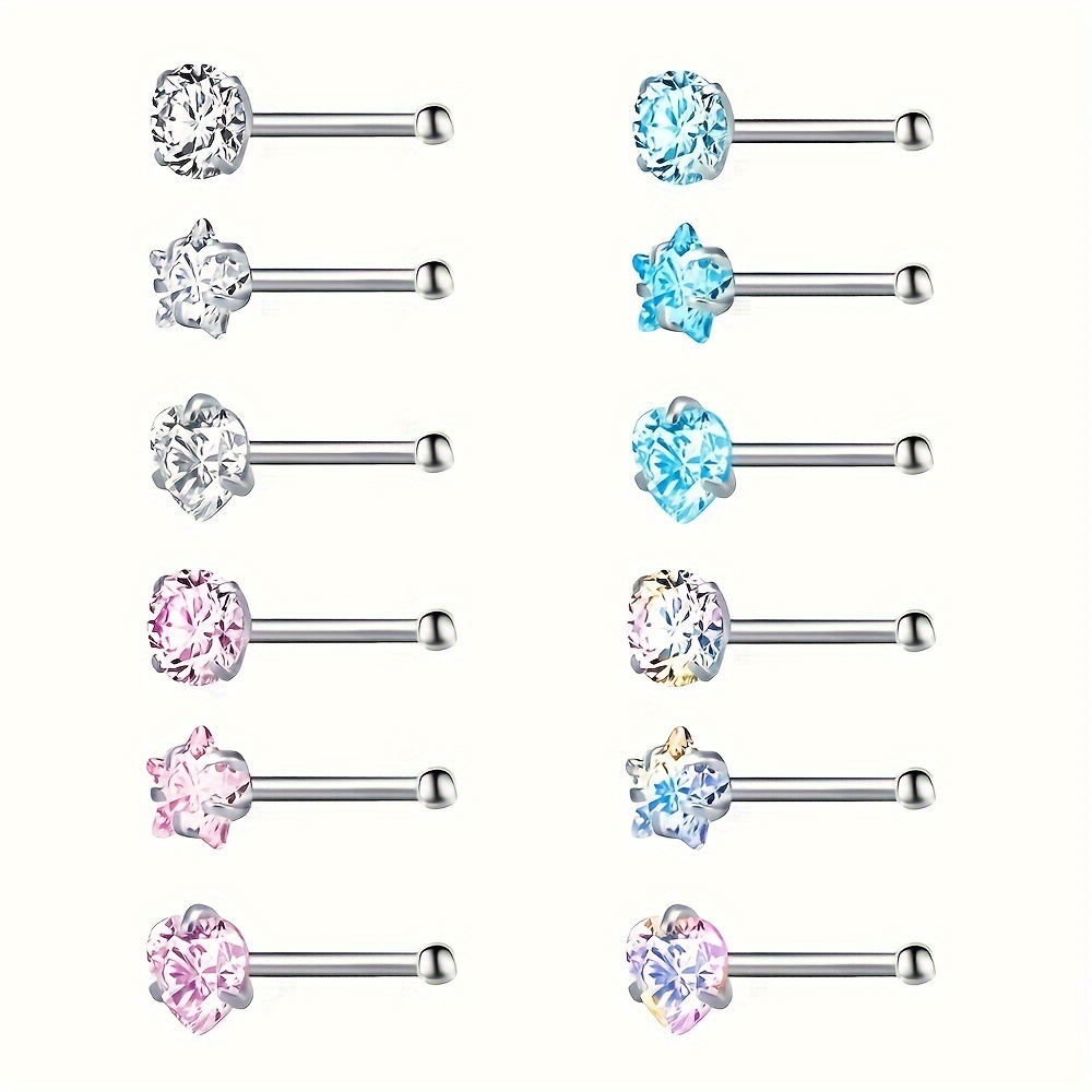 E-shop 20G Elegantes & Süßes Nasenstecker-Set mit 12 Stück, 316L Edelstahl unbeschichtet, 3 mm Funkelndes Zirkonia-Mosaik, Vielseitiger Schmuck für den