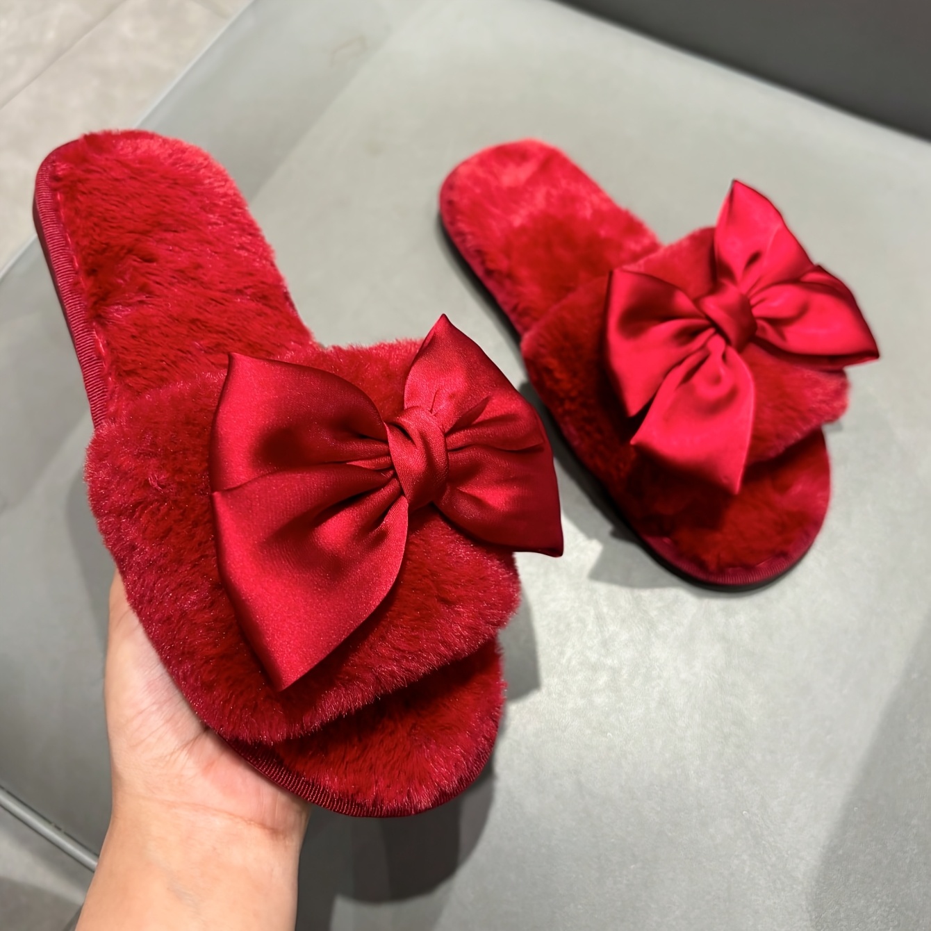 Women's Flat Faux Fur Bow Slippers Red Valentine's Day Home Slippers Plush Slide Sandals, Women Shoes