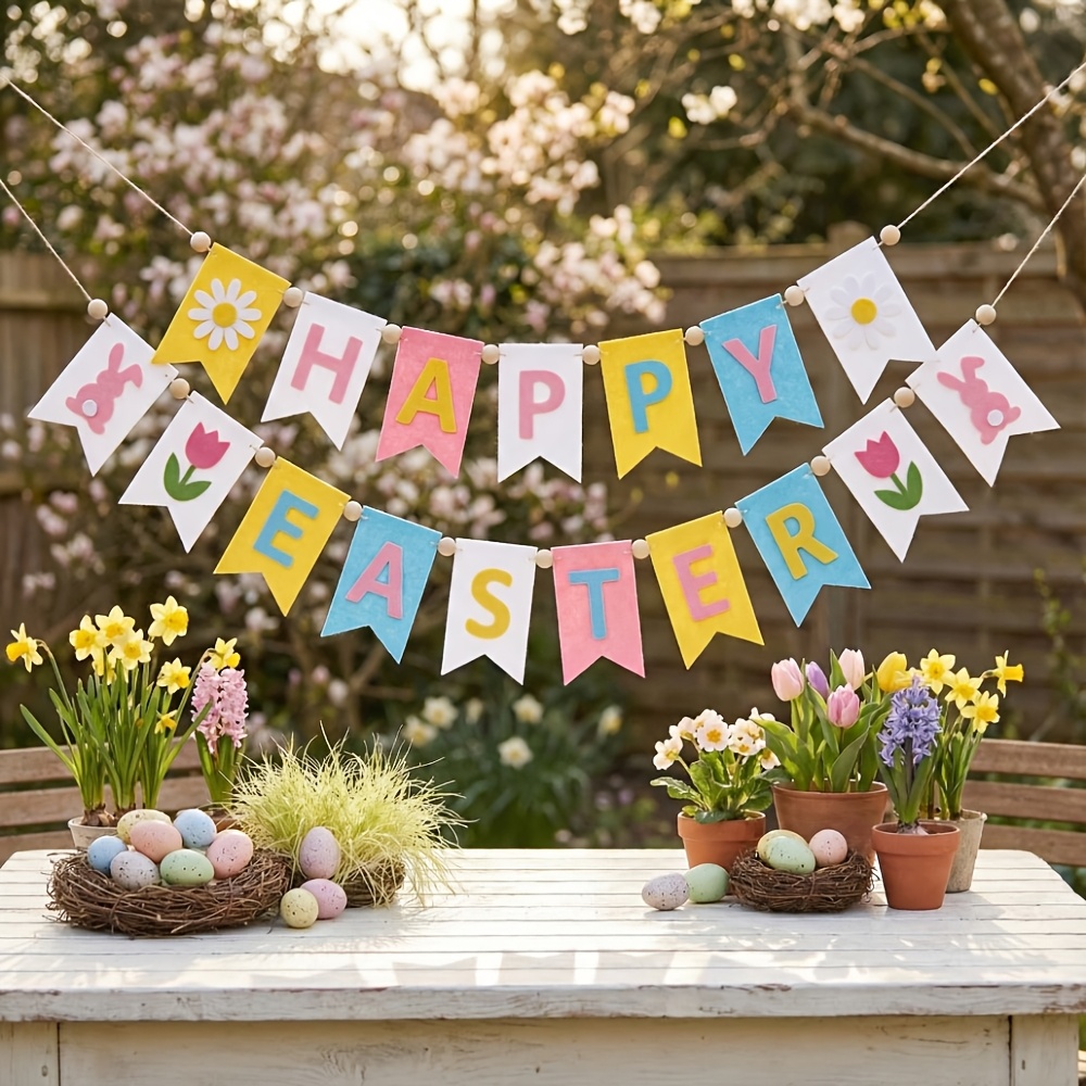 Image of 2pcs Easter Felt Banner Set | Colorful Spring Easter Party Decoration With Rabbit, Tulip, Daisy Decoration, Indoor And Outdoor Holiday Decoration, Suitable For Mantel, Table, Garden, Picnic