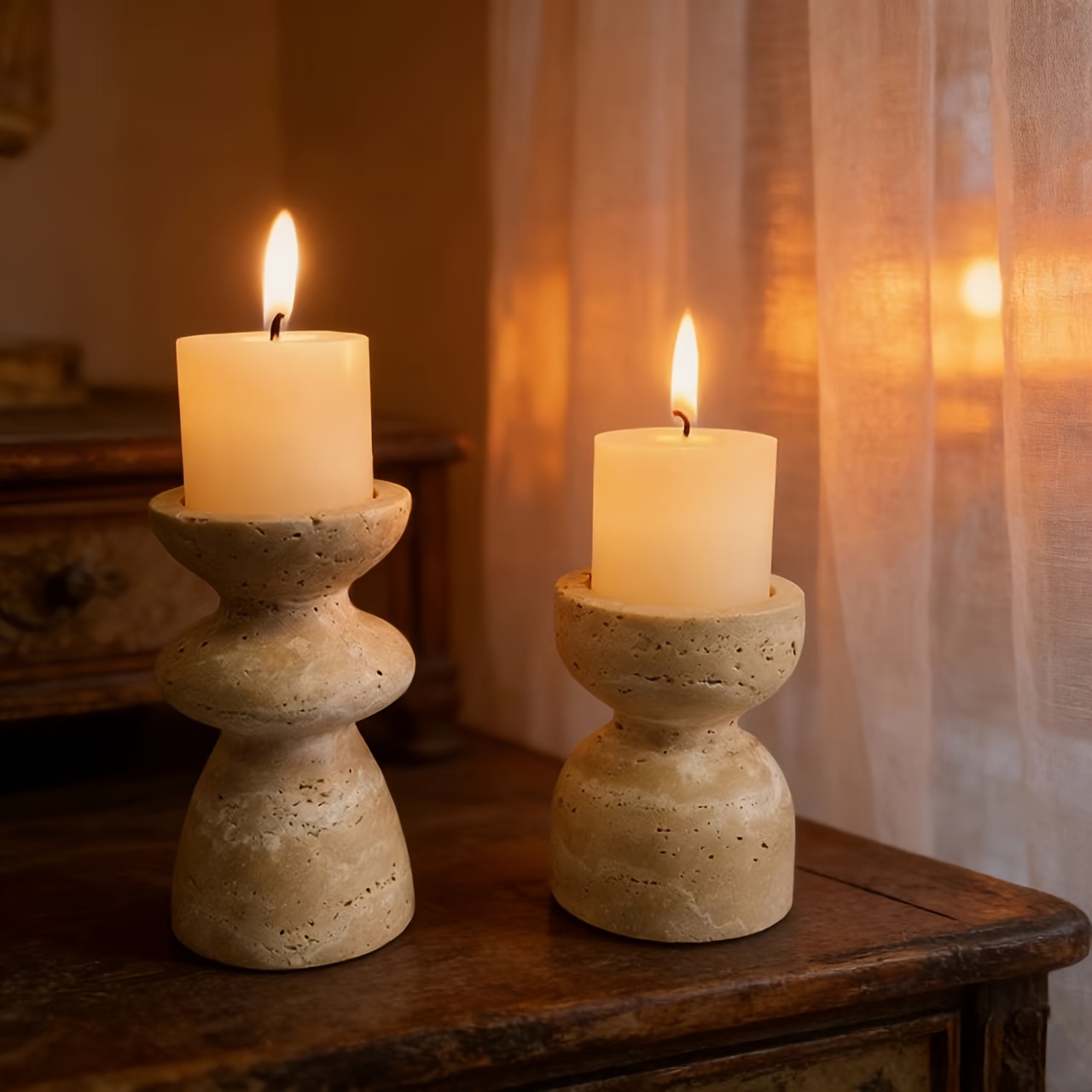 2pcs Elegant Minimalist Natural Marble Hand-Carved Beige Candlestick, Suitable for Living Room, Dining Room Home Centerpiece Decoration, Wedding Party And Other Occasions