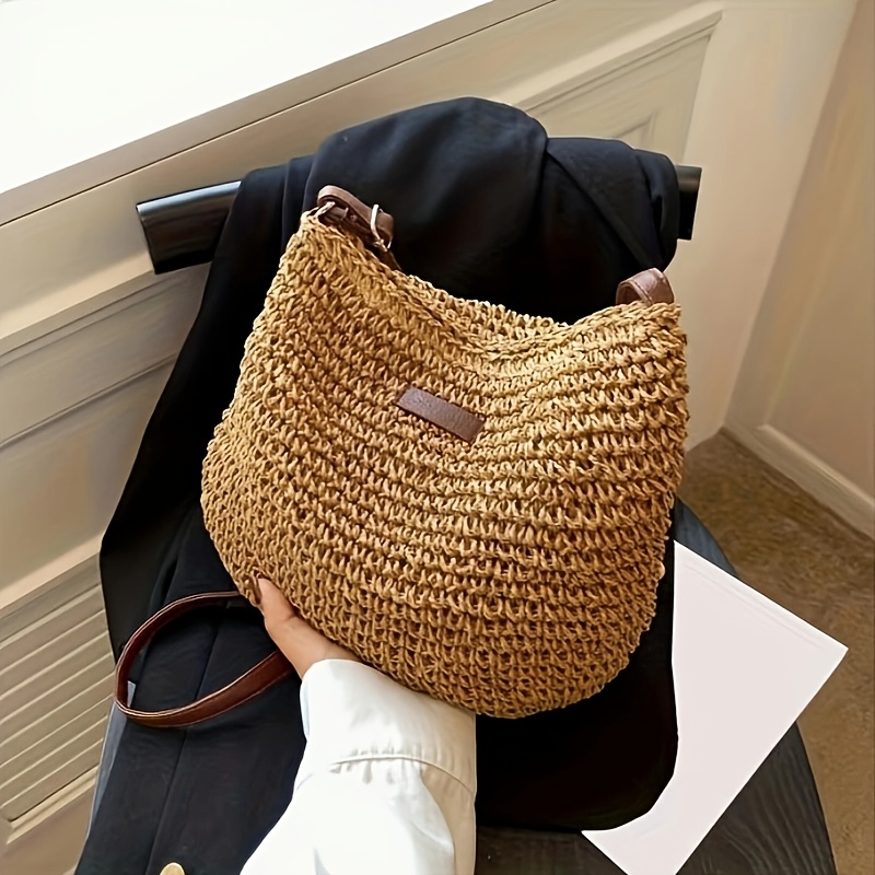 TEMU Sac bandoulière pour femme de style rotin, petit sac à main tissé à , sac à bandoulière pour femme en paille tressée