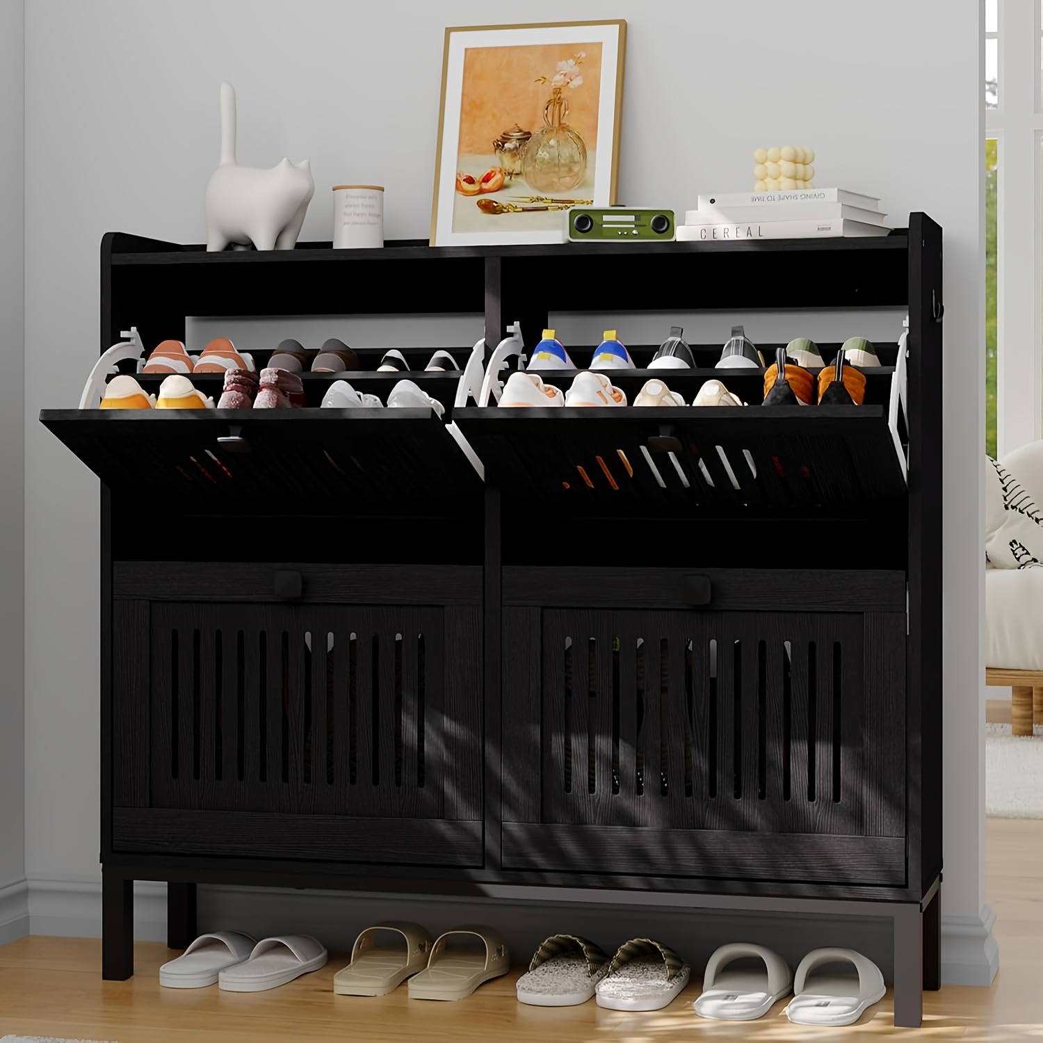 Image of 4-door Flip Front Shoe Cabinet With Adjustable Shelves, Hidden Entryway Storage Organizer For Hallway, Foyer, Living Room, Freestanding Wooden Shoe Rack With Large Capacity