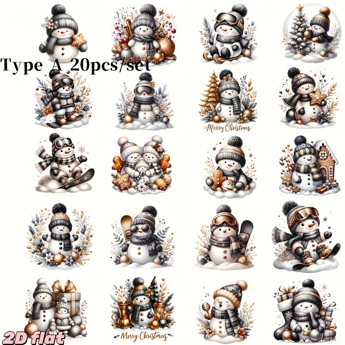 Image of 20pcs Set Handmade Creative Vintage Black And Golden Christmas Snowman Series 2d Flat High Quality Stickers, 2d Flat