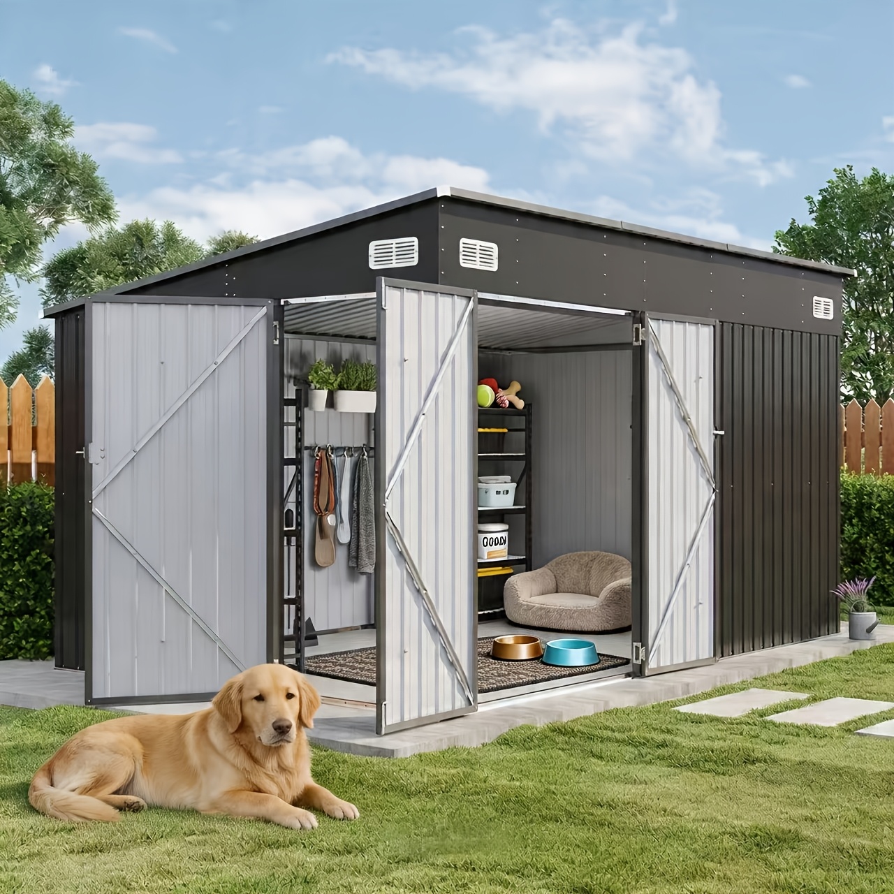 nordivale 8 x 4ft outdoor dog house with sturdy metal frame lockable triple door dog house heavy duty dog house for bicycles lawn tools suitable all weather garden metal trash dog house for patio backyard