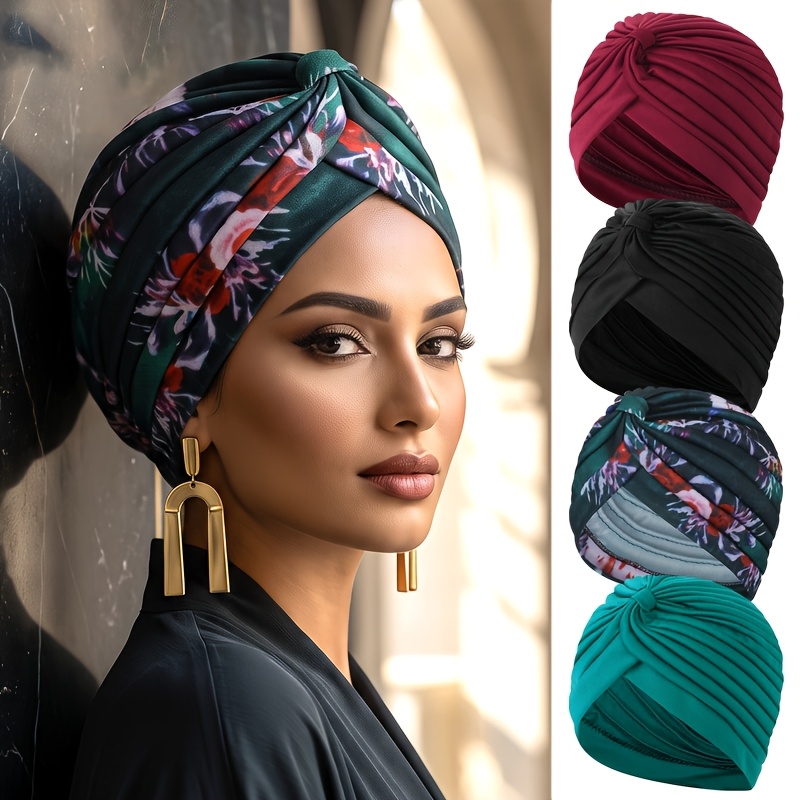 TEMU 4pcs Printed Solid Color Women's Brimless Hat Set, Multiple Colors , Suitable For Daily Use, Headscarf Hat