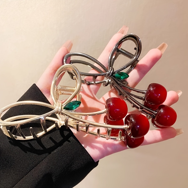 TEMU 2pcs French Cherry Bow Metal Claw Clip, Niche Design For Commuting To Work, Versatile Hair Additions, Suitable For Thick Hair, Updo, Photo Prop,