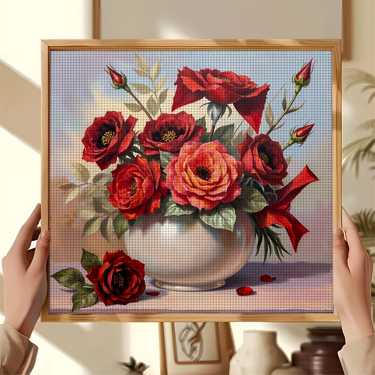 Cross Stitch Printed Kit, White Bottle Red Rose Floral Arrangement