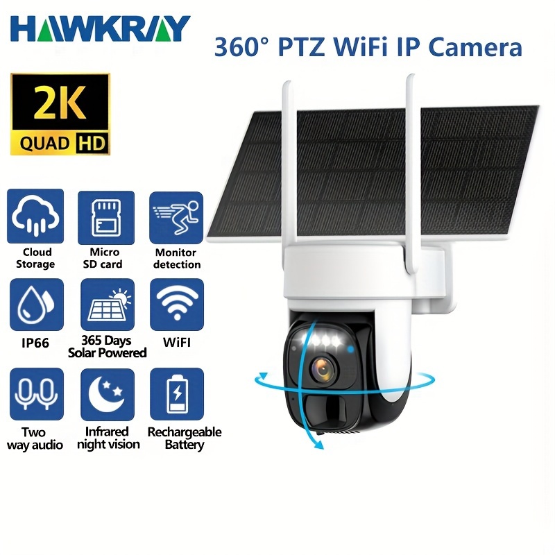 

Hawkray Solar Security Cameras Wireless Outdoor, 2k 360° View Pan Tilt Low Power Consumption Wifi Security Cameras With Ai Motion Detection, Color Night Vision, Two-way Audio